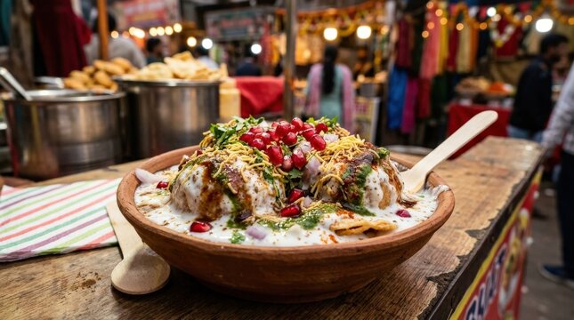 Street food style dahi bhalla topped with yogurt, tamarind sauce, and colorful pomegranate seeds, creamy textures and vibrant garnish arranged in appetizing detail, festive culinary atmosphere,