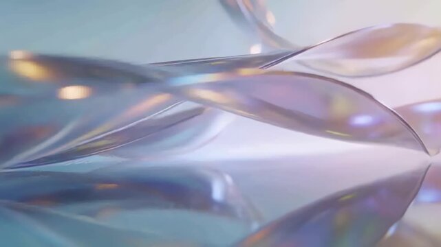 Shifting soft light moving translucent ribbons into waving overlap on mirror top, forming prisms