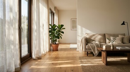 Fototapeta premium Sunlight streaming through curtains into a minimal room, calm interior scene with soft shadows, clean modern styling and peaceful residential atmosphere for home and design concepts, soft natural