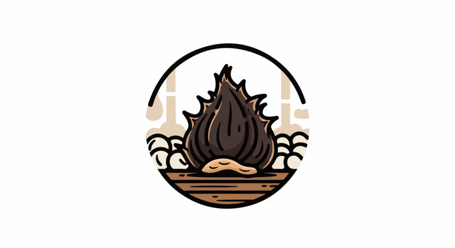 A stylized illustration of a roasted chestnut with decorative elements