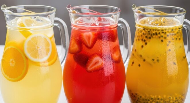 Vibrant pitchers of fresh lemonade, strawberry juice, and passion fruit drink