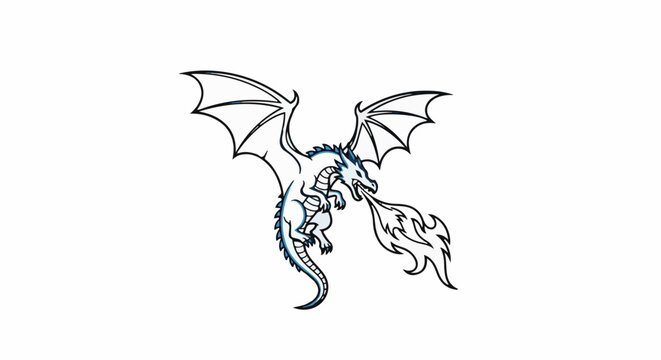 A white dragon with blue accents breathes fire, wings spread wide