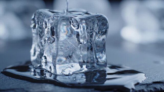 Ice cube melting on surface.