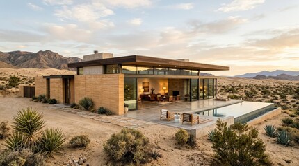Obraz premium Elegant minimalist architecture in a desert landscape, sleek modern structure with warm sand tones, open space and refined luxury atmosphere for real estate and travel design concepts, soft natural
