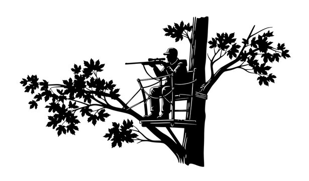 Hunter in tree stand silhouette vector forest rifle outdoor scene illustration