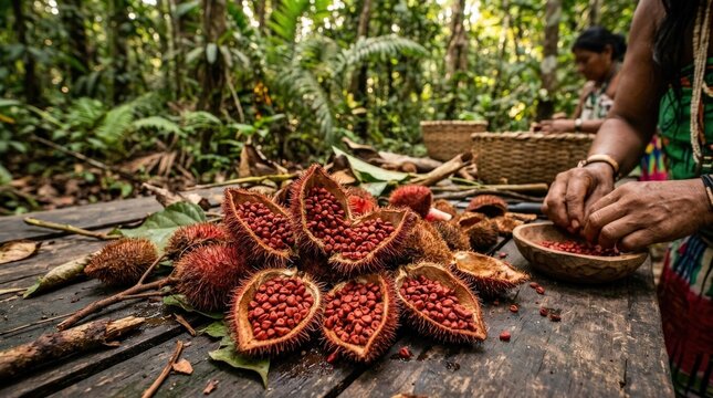 Urucum seeds from an Amazon rainforest plant used for red achiote dye, richly textured seeds in a close natural composition near Belem, earthy ethnobotanical atmosphere with warm daylight,