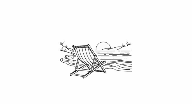 A simple line drawing depicts a beach chair by the water at sunset