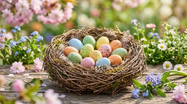 Colorful speckled Easter eggs in a woven bird nest, spring holiday concept, soft bokeh background, natural festive styling, realistic detail, no logos