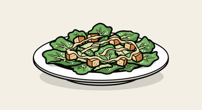 A simple cartoon illustration of a Caesar salad on a white plate