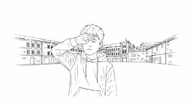 A sketch of a boy in a hoodie saluting in front of old buildings
