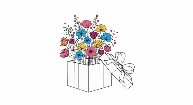 A sketch of a gift box with a colorful bouquet of flowers erupting from it
