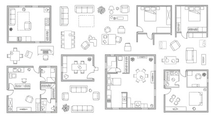 Collection of various architectural floor plan elements and furniture icons © S.Siam