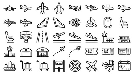 plane outline icons, aviation linear icon set © Md