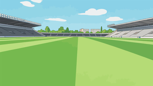 Cartoon Style Football Stadium Field Under Sunny Sky