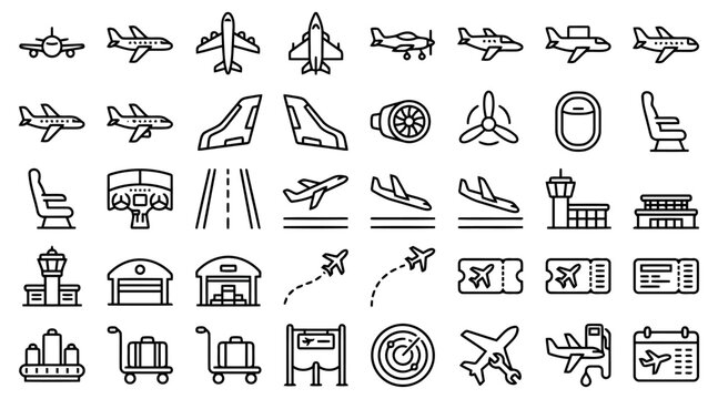 plane outline icons, aviation linear icon set