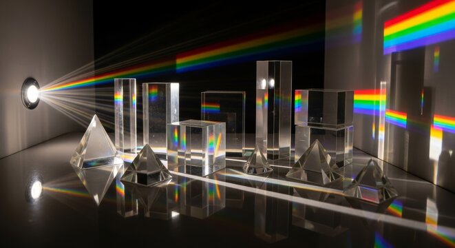 Prisms dispersing light into colorful spectra