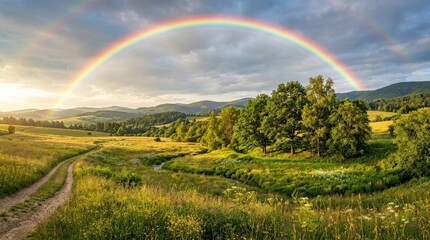 Fototapeta premium Stunning rainbow over a meadow with trees and glowing golden light, uplifting nature scene for travel, weather and inspirational themes with vivid color, open landscape and peaceful atmosphere,