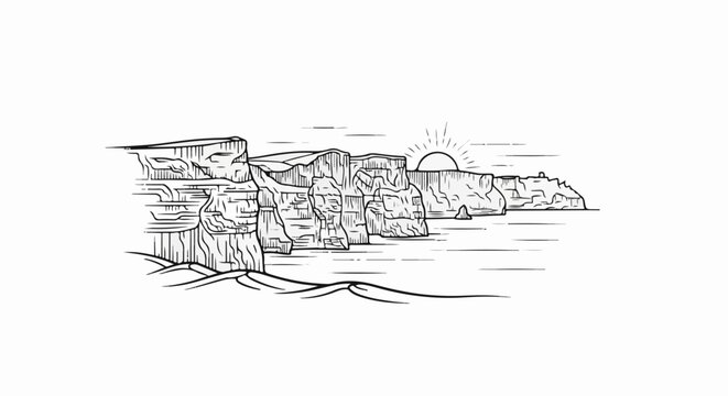 A stylized black and white sketch of dramatic seaside cliffs under a rising sun