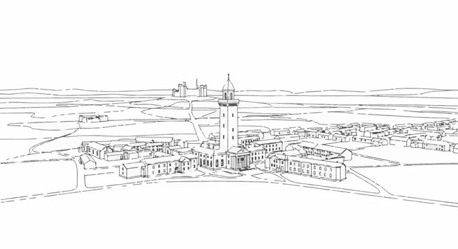 A stylized sketch of a town featuring a prominent bell tower surrounded by buildings