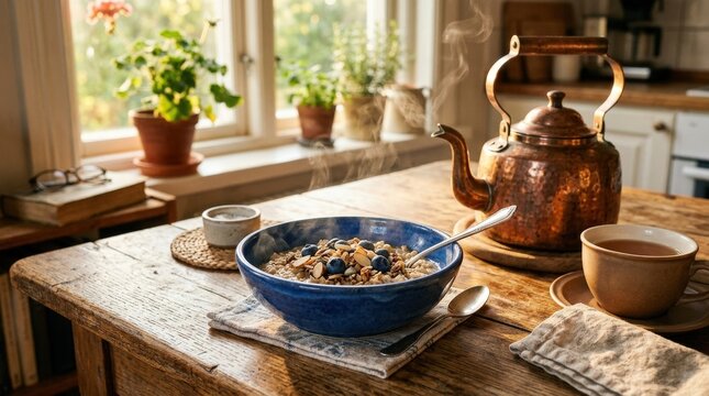 Steaming blue ceramic bowl on wooden table with copper kettle and golden sunlight, cozy breakfast or tea ritual, warm morning atmosphere, realistic detail, no logos