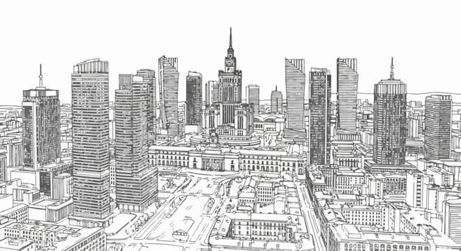 A sketch of a modern city skyline with tall buildings and a central tower