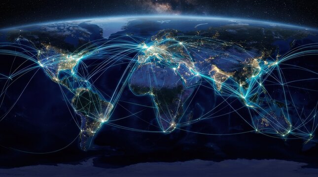 Global network connection map at night with illuminated continents and bright city links, digital communication and data concept, dark earth view, realistic detail, no logos