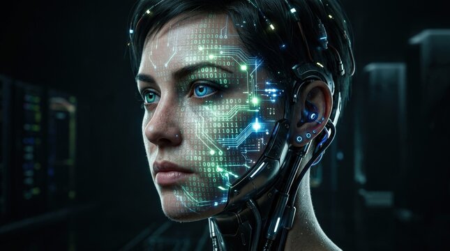 A futuristic human head with binary code overlay across the face, glowing data patterns, clean dark background, sleek cybernetic atmosphere, ultra-realistic, no logos.