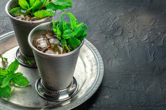 Mint Julep in the Kentucky Derby classic silver glass, with fresh mint leaves