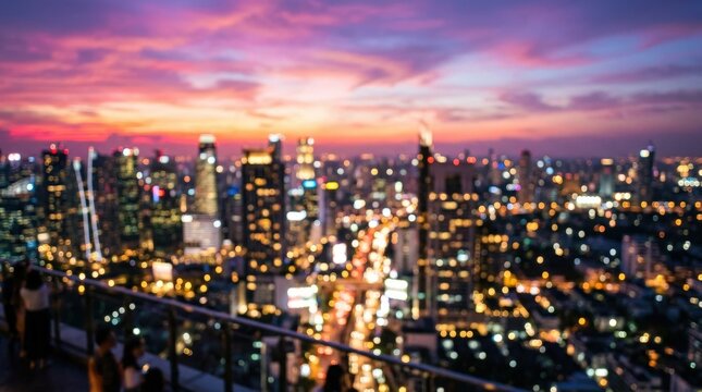 Blurred sunset cityscape with colorful sky and soft bokeh lights, vibrant urban evening background in pink, purple, and blue tones, dreamy atmosphere, realistic finish, no logos