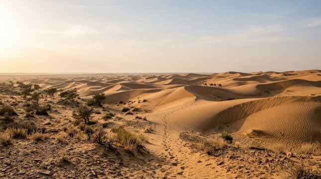 A vast Thar Desert landscape with rolling dunes, sparse vegetation, dry earth textures, open horizon, warm sunlit haze, quiet expansive atmosphere, ultra-realistic, no logos.