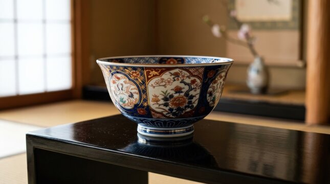 A Japanese Imari ware rice bowl displayed on a polished lacquer shelf, intricate patterns, glossy ceramic finish and softly blurred background, refined light and elegant traditional atmosphere,
