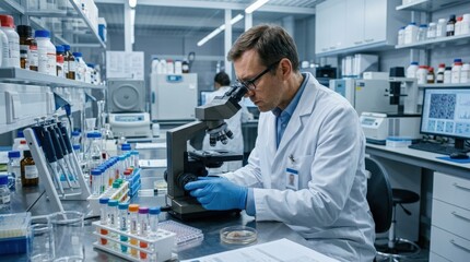 Naklejka premium A male scientist in glasses carefully peering into a microscope in a sterile laboratory, white lab coat, rows of test tubes and equipment visible, cool fluorescent lighting, methodical and precise