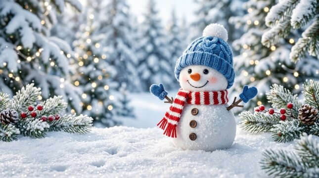 A cheerful toy snowman wearing a blue hat standing on fresh snow, soft winter background and playful details, bright cold light, charming festive atmosphere, ultra-realistic, no logos.