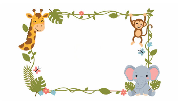 Cute Jungle Animals Baby Shower Frame Vector with Giraffe Monkey and Elephant Cartoon Border