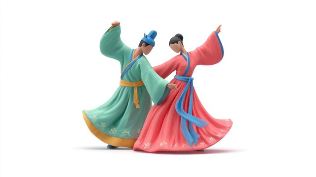 A Graceful 3D Duet: Stylized Chinese Dancers in Flowing Hanfu Robes