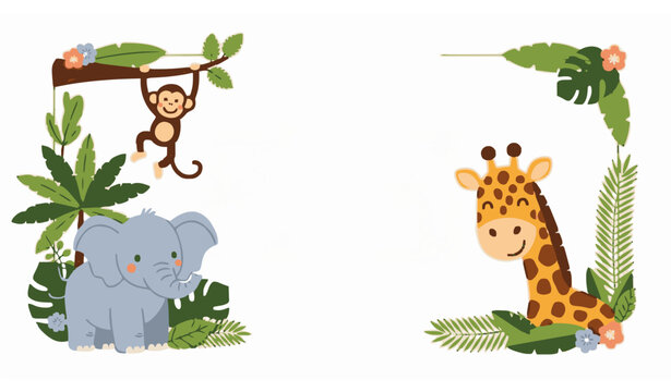 Playful Jungle Animal Baby Shower Border Vector with Cute Giraffe Monkey and Elephant