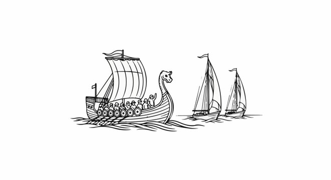 A Viking longship with a dragon head prow sails alongside two smaller sailing vessels