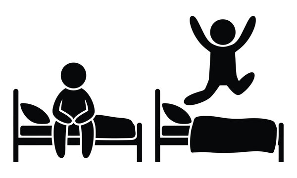 Person sitting and jumping happily on bed icon