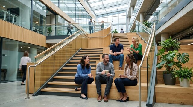 Business professionals relaxing on wide interior stairs in a contemporary office building, casual seated conversations, natural light from skylights above, informal yet creative workplace culture,