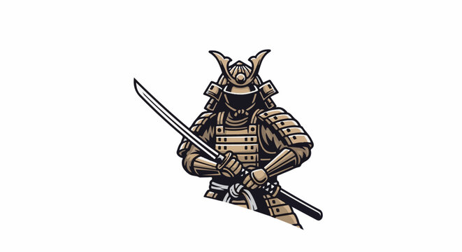 A stylized warrior in traditional armor holds a sword
