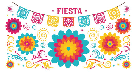 Obraz premium A festive Cinco de Mayo celebration unfolds with colorful Mexican fiesta decorations of papel picado banners and vibrant floral designs against a white background in a flat lay composition