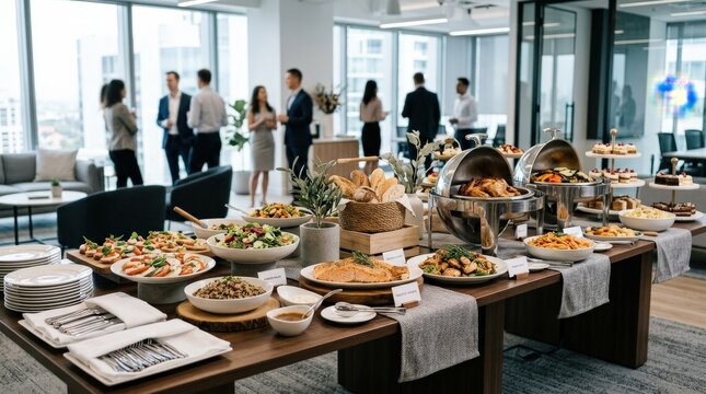 A buffet-style catering setup arranged on a long office table, modern neutral decor, bright ambient light and a professional corporate hospitality atmosphere, ultra-realistic, no logos.