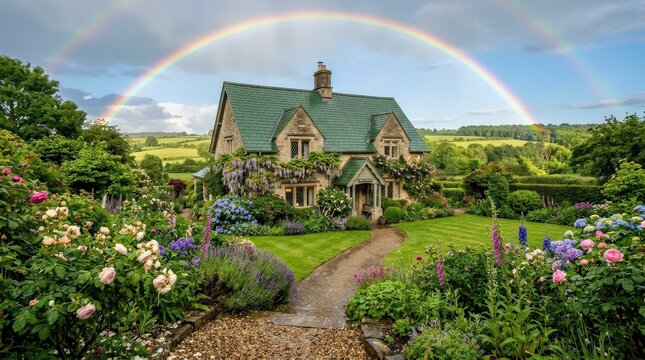 A country house with a green roof and lush garden beneath a double rainbow after rain, flowering bushes and soft natural light creating a peaceful rural atmosphere, ultra-realistic, no logos.