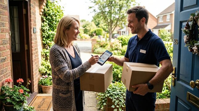 A delivery courier handing a box to a smiling woman at her front door, recipient signing digitally on a smartphone, bright doorstep setting, warm midday light, efficient and friendly parcel delivery