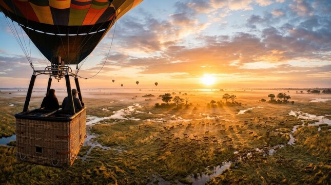 A panoramic sunrise over Busanga Plains seen from a hot air balloon, grazing lechwes below in golden grasslands beneath misty morning light, majestic safari atmosphere, ultra-realistic, no logos.