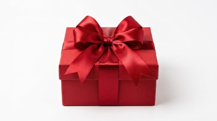Obraz premium A festive gift box wrapped with a glossy ribbon and bow on a clean white background, crisp edges, reflective satin texture and balanced composition, bright studio light and polished celebratory mood,