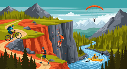 Naklejka premium Outdoor Adventure Scene with Cyclist, Rock Climber, Paraglider, and Rafters