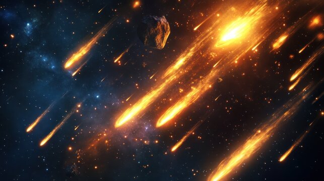 Fiery Meteor Shower in Deep Space, Cosmic Explosion, Starfall, Astronomy