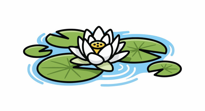 A stylized white water lily floats on serene blue water among green lily pads