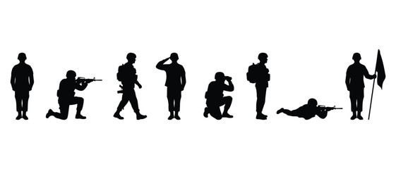 Obraz premium Silhouette soldiers in various poses, including aiming, saluting, and holding a flag.